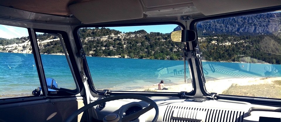 Inside of a vw campervan.